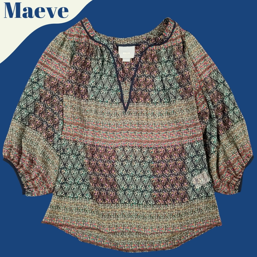 Maeve by Anthropologie Sheer Floral Blouse Women's Boho Top Size Medium